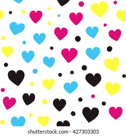 Seamless pattern with colorful hearts and dots on a white background. Vector repeating texture.