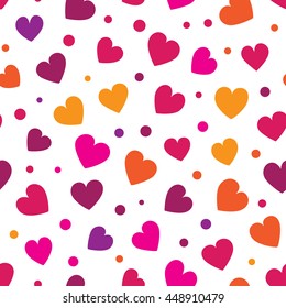 Seamless pattern with colorful hearts and dots on a white background. Vector repeating texture.