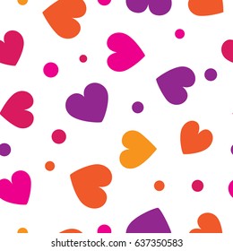 Seamless pattern with colorful hearts and dots on a white background. Vector repeating texture.