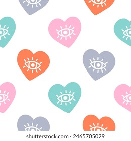 Seamless pattern with colorful hearts and eyes