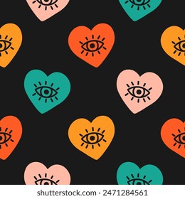 Seamless pattern with colorful hearts and eyes and black background