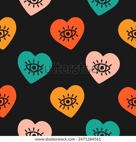 Seamless pattern with colorful hearts and eyes and black background