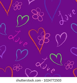 Seamless pattern from colorful hearts, flowers and inscription Love on purple background.