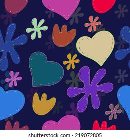 Seamless pattern of colorful hearts and flowers stitched threads. Vector texture.