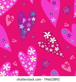 Seamless pattern from colorful hearts and flowers on a red background
