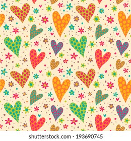Seamless pattern with colorful hearts. Great for baby announcement, Valentine's Day, Mother's Day, Easter, wedding, scrapbook, gift, wrapping paper, textiles.