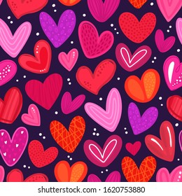 Seamless pattern of colorful hearts with hand-drawn texture. Design for Valentine's Day. Symbol of love. Holiday background for cover, wrapping papper, fabric, card, wallpaper. Vector illustratration