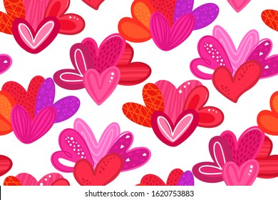 Seamless pattern of colorful hearts with hand-drawn texture. Design for Valentine's Day. Symbol of love. Holiday background for cover, wrapping papper, fabric, card, wallpaper. Vector illustratration