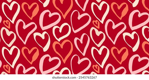 Nahtloses Muster mit bunten Herzen einzeln auf rotem Hintergrund. Lebendige Doodle-Herzen. Romantisches Hintergrunddesign perfekt für Verpackungen, Webbanner