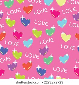 seamless pattern colorful hearts and love text on pink background