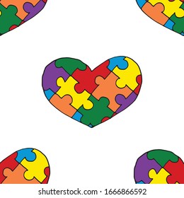 Seamless pattern with colorful hearts made of jiasaw puzzle pieces. Hand drawn vector illustration in cartoon doodle style 