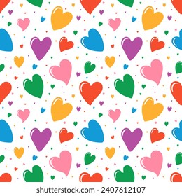 Seamless pattern with colorful hearts in multicolored and in different sizes. Cute romantic hearts on white background for textiles, wrapping, wallpapers. Happy valentine's day. Lovely texture. Vector