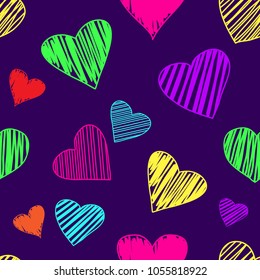 Seamless pattern with colorful hearts on dark purple background. Vector illustration