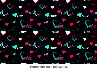 Seamless pattern. Colorful hearts on a black background. Social media concept. Perfect design for posters, cards, textile, web pages. Vector illustration. EPS 10