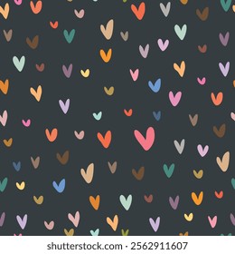 Seamless pattern with colorful hearts on black background. Hand drawn hearts pattern for fabric wrapping paper, wallpaper , card, Valentine's Day.