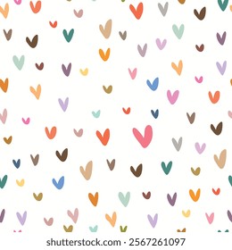 Seamless pattern with colorful hearts on white background. Hand drawn hearts pattern for fabric wrapping paper, wallpaper , card, Valentine's Day.