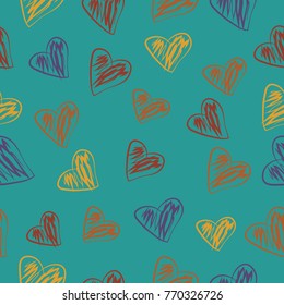 
Seamless pattern with colorful hearts on a turquoise background simple line vecror illustration
