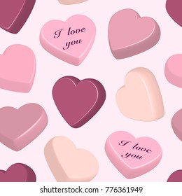 Seamless pattern with colorful hearts on pastel background.