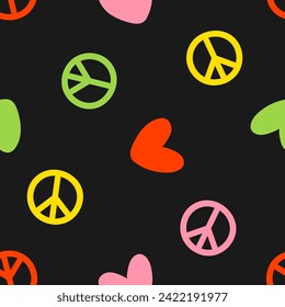 Seamless pattern with colorful hearts and peace symbols