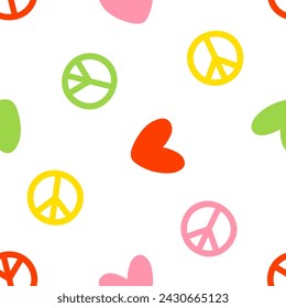 Seamless pattern with colorful hearts and peace symbols