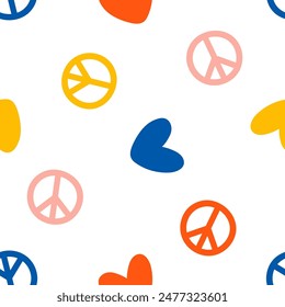 Seamless pattern with colorful hearts and peace symbols