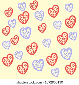 Seamless pattern with colorful hearts Romantic illustration perfect for design greeting cards, prints, flyers,cards,holiday invitations and more.Vector Valentines Day card. Hand Drawn Style