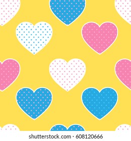 Seamless pattern with colorful hearts silhouettes on yellow back