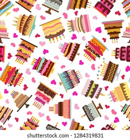 Seamless Pattern with colorful hearts, sweet cakes and pies. Vector illustration.