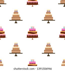 Seamless Pattern with colorful hearts, sweet cakes and pies. Vector illustration.