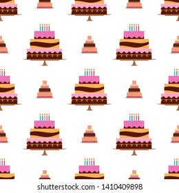 Seamless Pattern with colorful hearts, sweet cakes and pies. Vector illustration.