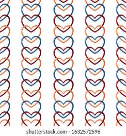 Seamless pattern of colorful hearts, vertical stripes on white background. Design for fashion,fabric,web,wallpapers, invitations,fabric and all prints