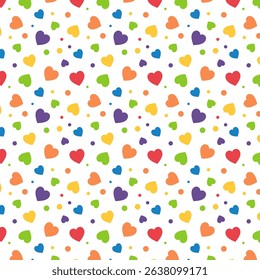 Seamless pattern with colorful hearts.Heart and dots repeat pattern isolated on white background for pride month, happy Valentines Day.Vector graphic illustration background.