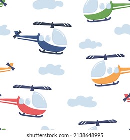 Seamless pattern with colorful Helicopters. White background. Vector