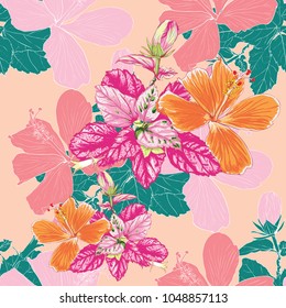 Seamless pattern Colorful Hibiscus flowers and leaves on pink pastel bacground.Vector illustration drawing.