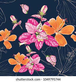 Seamless pattern Colorful Hibiscus flowers and leaves on isolated Dark 
bacground.Vector illustration drawing.