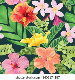 Seamless pattern of colorful hibiscus flowers and tropical leaf background. Vector set of exotic tropical garden for holiday invitations, greeting card and fashion design.