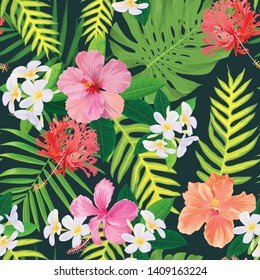 Seamless pattern of colorful hibiscus flowers and tropical leaf background. Vector set of exotic tropical garden for holiday invitations, greeting card and fashion design.