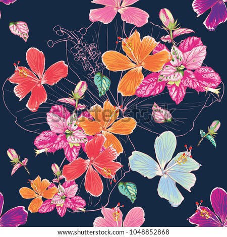 Seamless pattern Colorful Hibiscus flowers and leaves on isolated Dark green
bacground.Vector illustration drawing.
