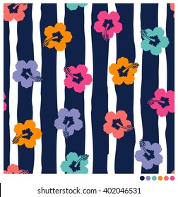 Seamless pattern of colorful hibiscus with stripes background