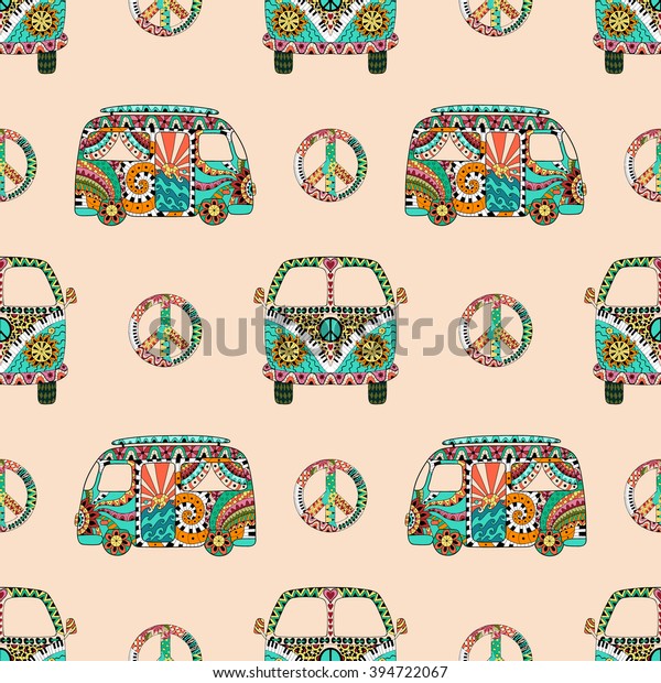 Seamless pattern with colorful hippie\
camper bus and symbol peace in zentangle style. Hippy ornamental\
pacific sign and mini van. Boho vintage\
fashion.