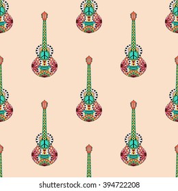 Seamless pattern with colorful hippie guitars in zentangle style. Music background. Boho vintage fashion.