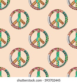 Seamless pattern with colorful hippie peace symbol in zentangle style. Hippy ornamental pacific sign. Boho vintage fashion.