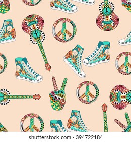 Seamless pattern with colorful hippie peace symbol, acoustic guitars and hight sneakers in zentangle style. Boho vintage fashion.