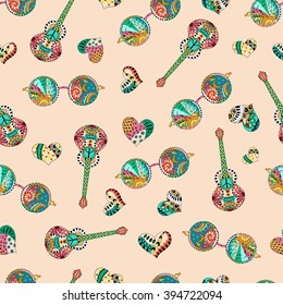 Seamless pattern with colorful hippie sunglasses, acoustic guitars and hearts in zentangle style. Boho vintage fashion.