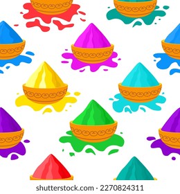 Seamless pattern of colorful holi colors. Indian holiday holi. Bright festival of colors in India. Colored crumbly paint. Dry bright paint for Indian holi. Colorful powder paint.