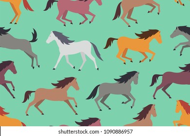 Seamless pattern with Colorful horses. flat style. isolated on green background