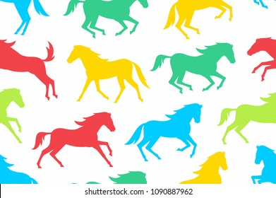 Seamless pattern with Colorful horses silhouettes. flat style. isolated on white  background