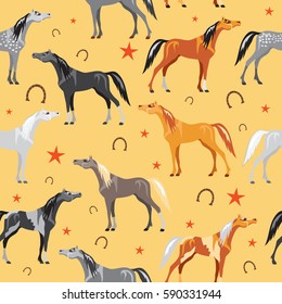 Seamless pattern with colorful horses, stars and horseshoes on yellow background 