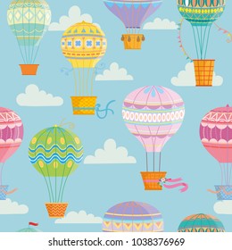 Seamless pattern with colorful  hot air balloons. Vector illustration.