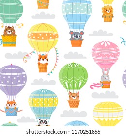 Seamless pattern with colorful  hot air balloons and funny animals. Vector illustration.